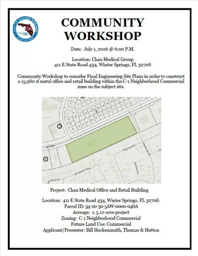 Flyer advertising Community Workshop to consider Final Engineering Site Plans in order to construct a 15,980 sf metal office and retail building within the C-1 Neighborhood Commercial zone on the subject site.