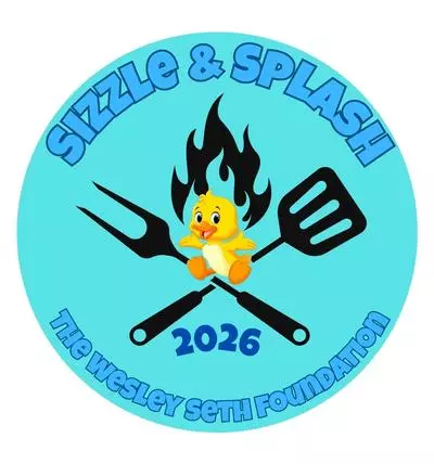 Logo for Sizzle & Splash 2026 The Wesley Seth Foundation, featuring a cartoon duckling sitting between grilling tools with flames behind it.